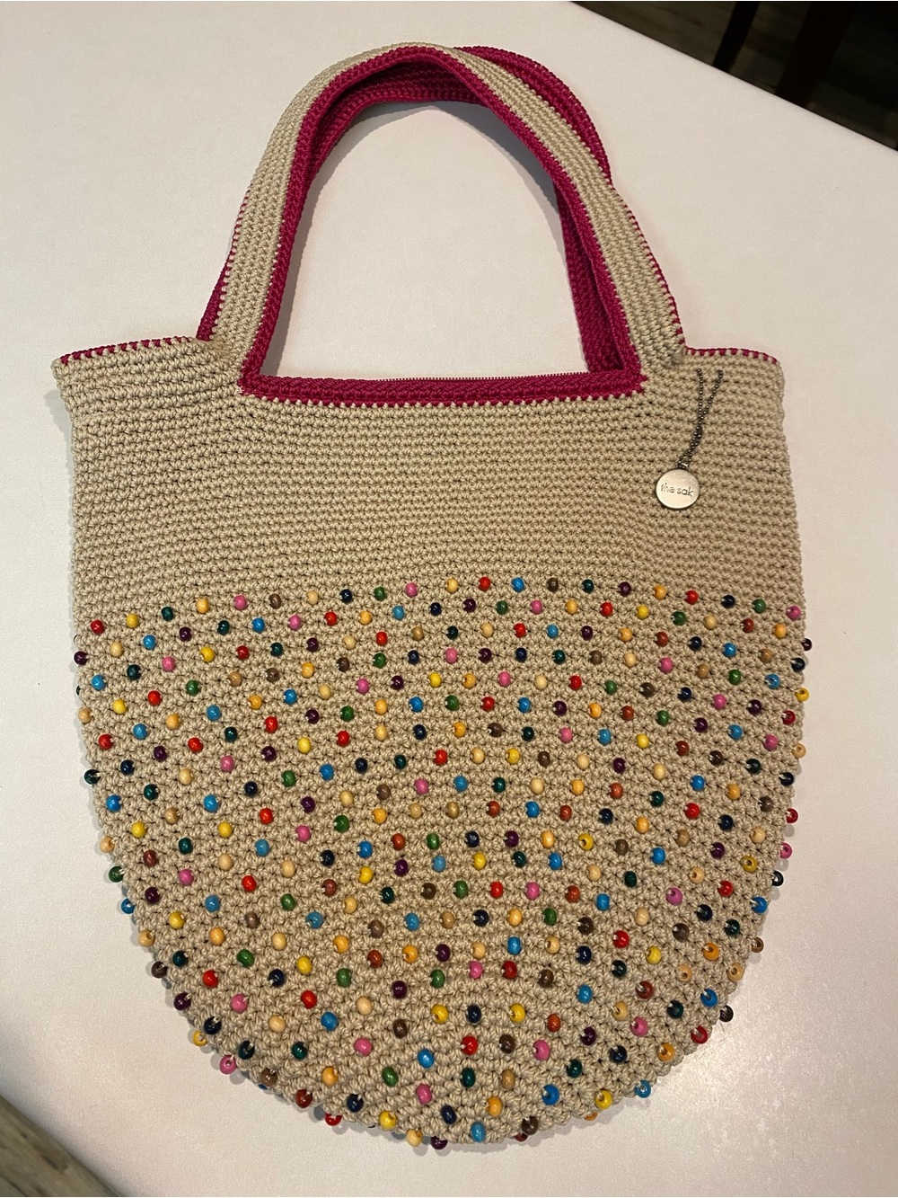 SAK THE SAK CROCHET NWOT LARGE HOBO WOOD MULTI BEAD PINK TAN ZIPPER HANG TAG